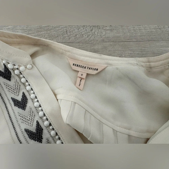 Rebecca Taylor Embroidered Chevron Silk Top Lace Up Neck Long Sleeve Sz 0 *FLAW - Picture 13 of 13
